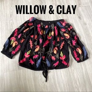 Willow & Clay Embroidered Floral Multicolor  Tie Front off shoulder Saks fifth